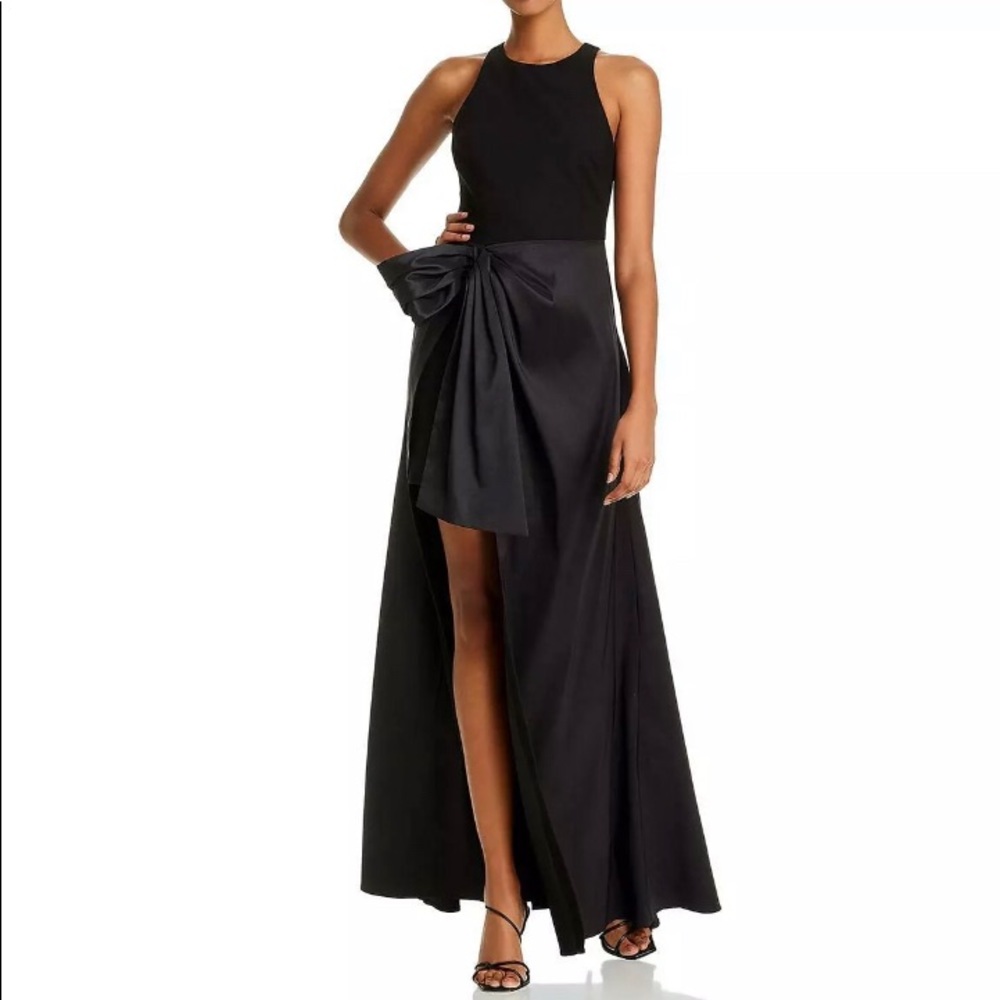 Likely Black Sleeveless Gown with Bow Detail
